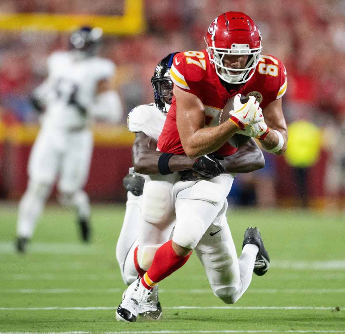 Kansas City Chiefs tight end Travis Kelce pulls in a pass for reception in the second quarter against the Baltimore Ravens Thursday, Sept. 5, 2024, at GEHA Field at Arrowhead Stadium.
