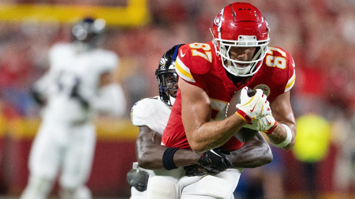 Kansas City Chiefs tight end Travis Kelce pulls in a pass for reception in the second quarter against the Baltimore Ravens Thursday, Sept. 5, 2024, at GEHA Field at Arrowhead Stadium.