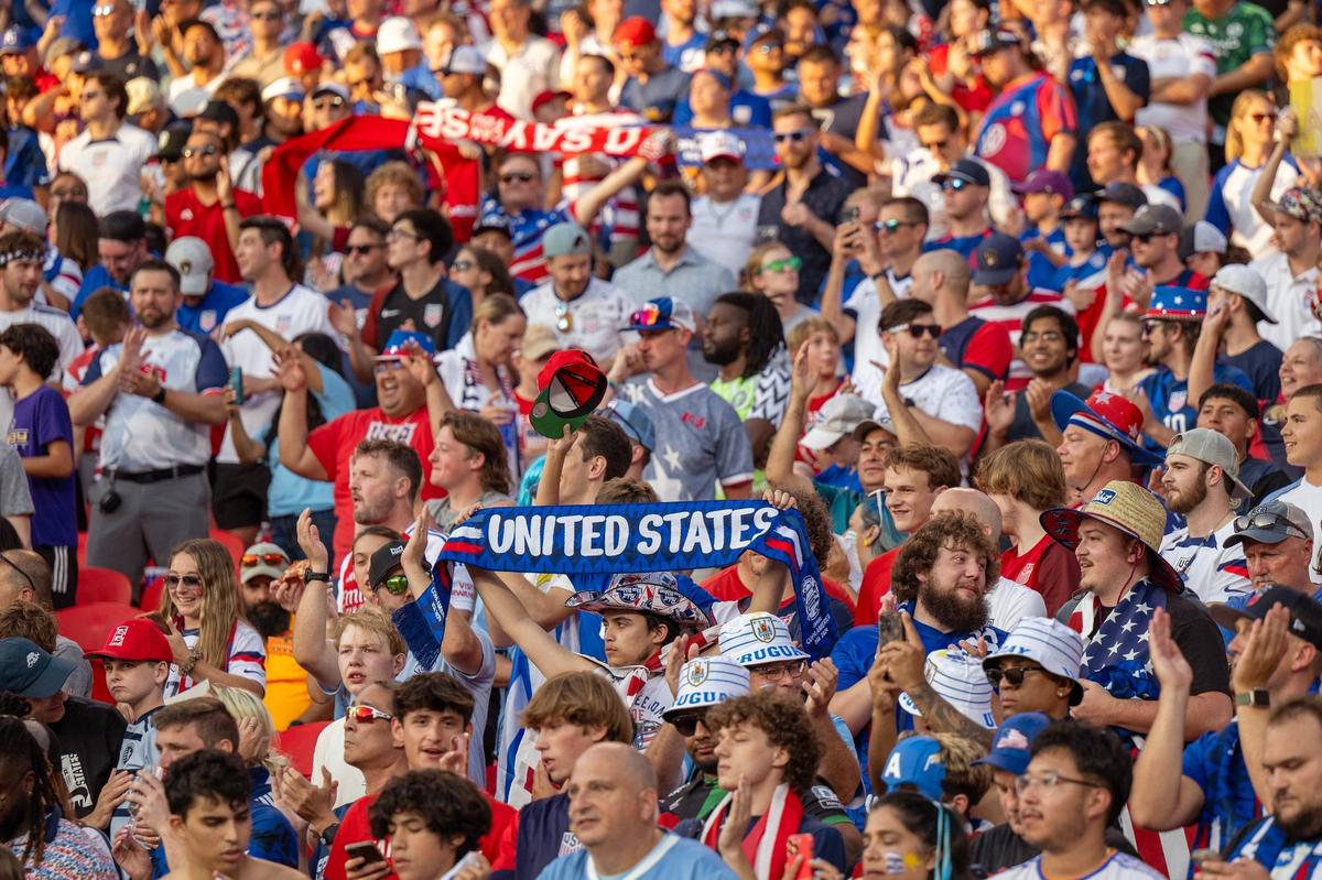 United States fans cheer in the first half of a Copa America match against Uruguay at GEHA Field at Arrowhead Stadium on Monday, July 1, 2024, in Kansas City.