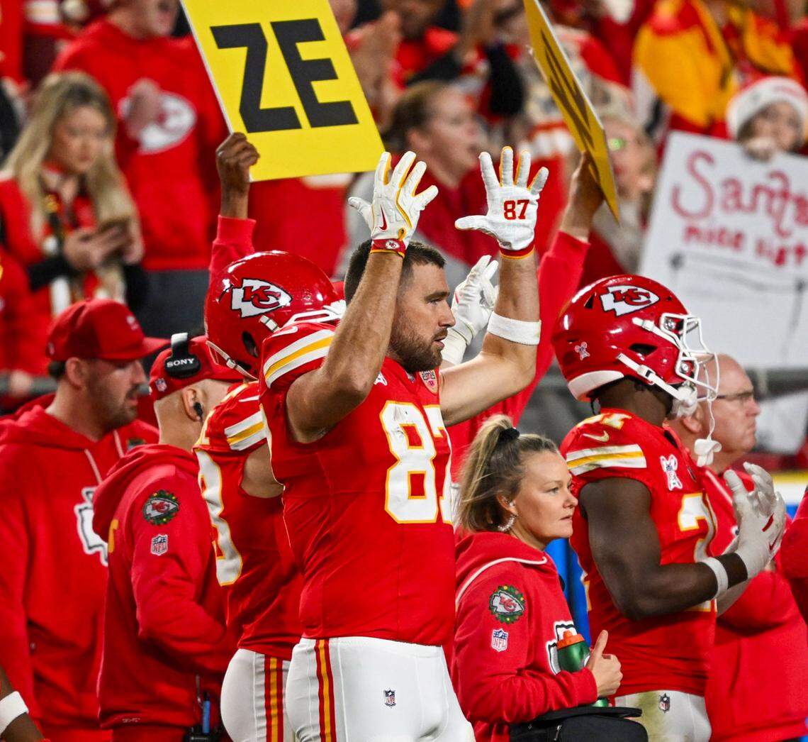 Kansas City Chiefs tight end Travis Kelce (87) reacts to a play from the sideline of the game against the Denver Broncos at GEHA Field at Arrowhead Stadium on Thursday, Dec. 25, 2025.