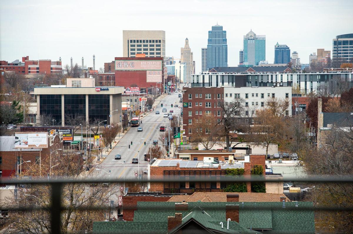 A Midtown high-end two-bedroom loft at the Monarch Apartments with a view of downtown Kansas City in the distance.