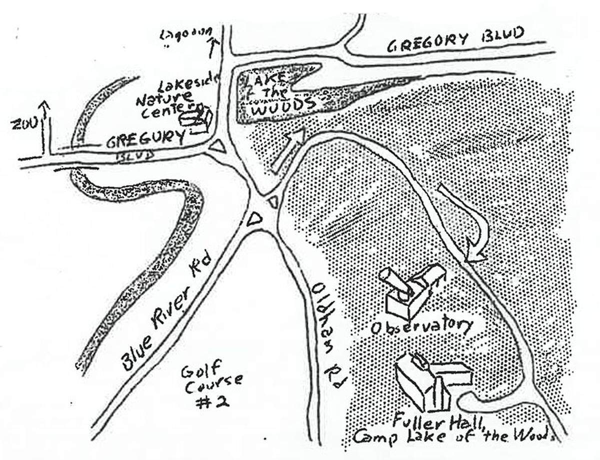 Map portion showing the Swope Park Observatory off what is now Oakwood Road. From a Junior Astronomy Club flyer, 1966.