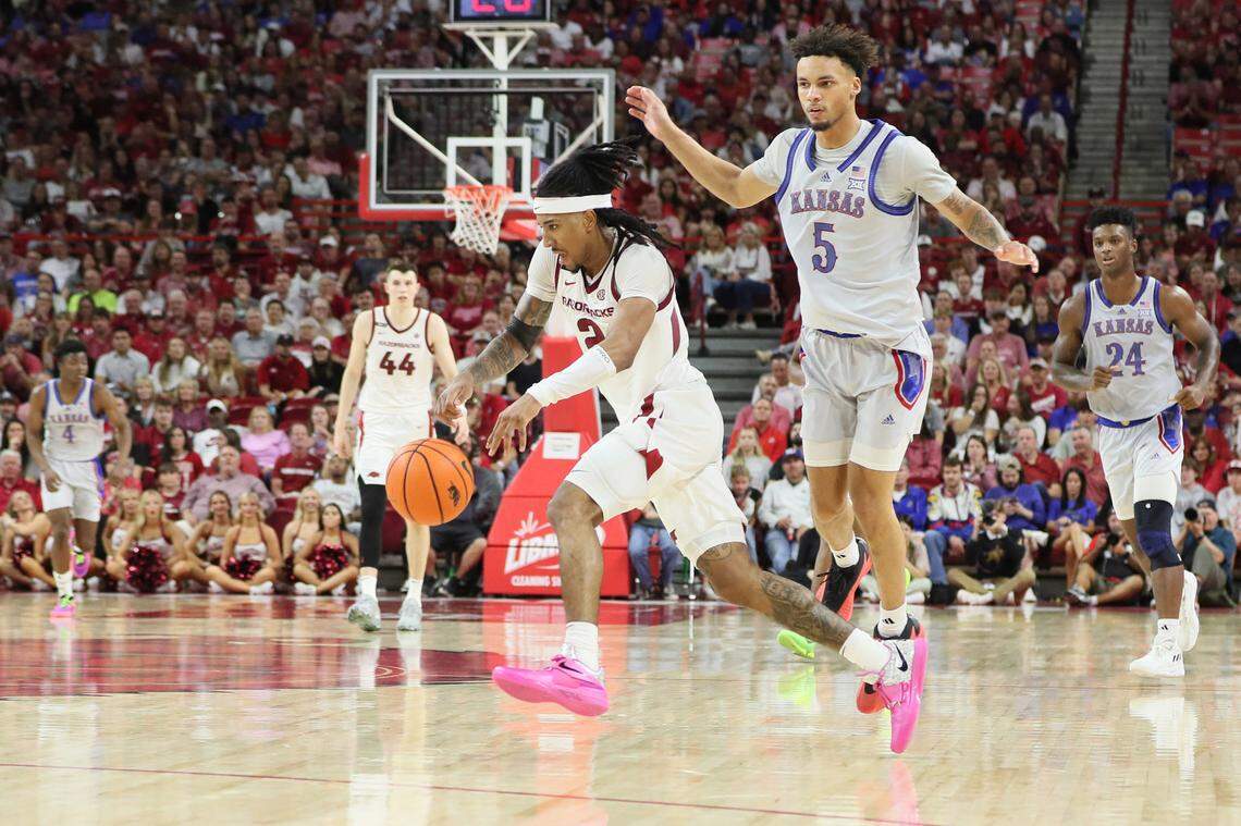 Arkansas freshman guard Boogie Fland (2) is likely out for the season for the Razorbacks after undergoing surgery to repair an injury to his right thumb.