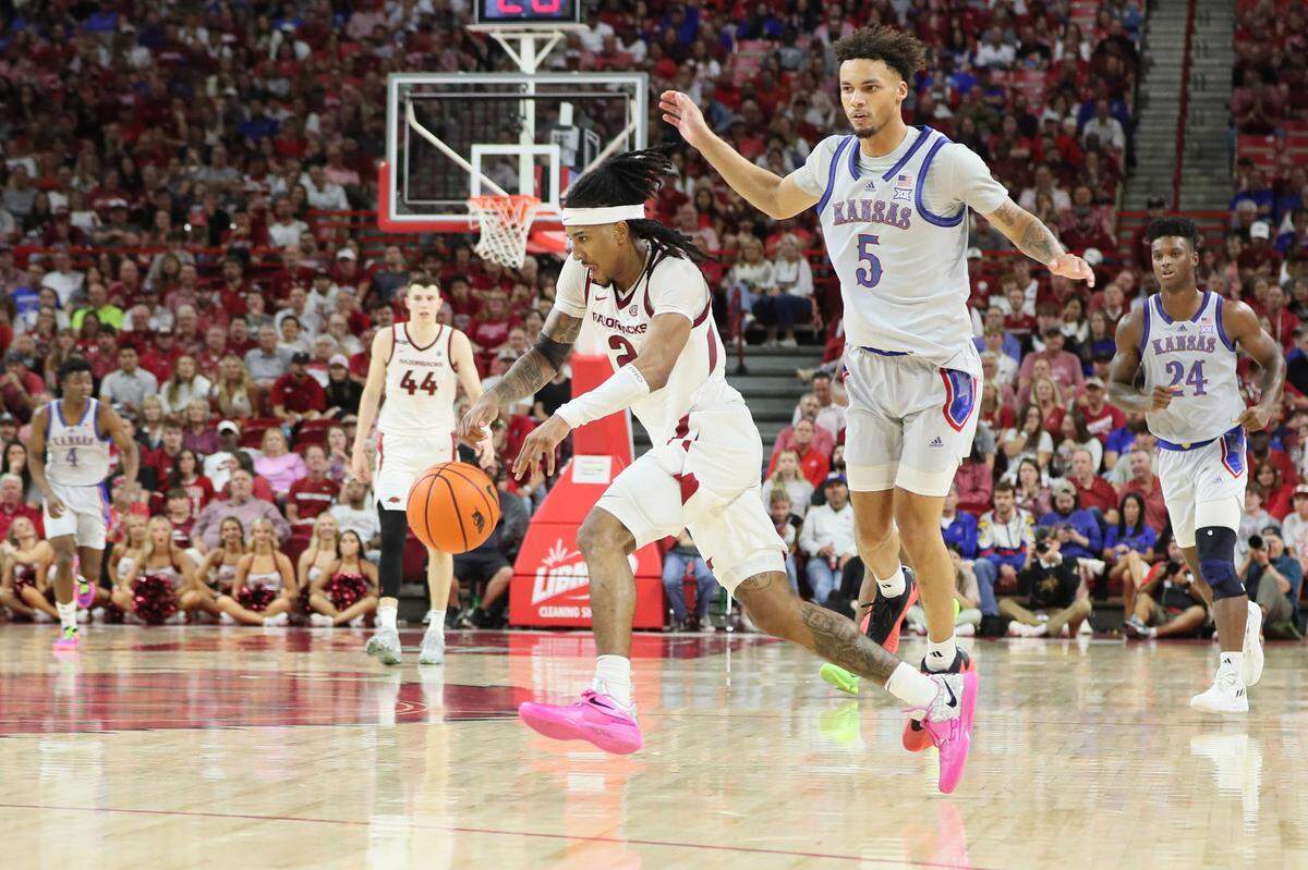 Arkansas guard Boogie Fland (2) underwent surgery in January for a right thumb injury. He is expected to return for the Razorbacks in this week’s NCAA Tournament.