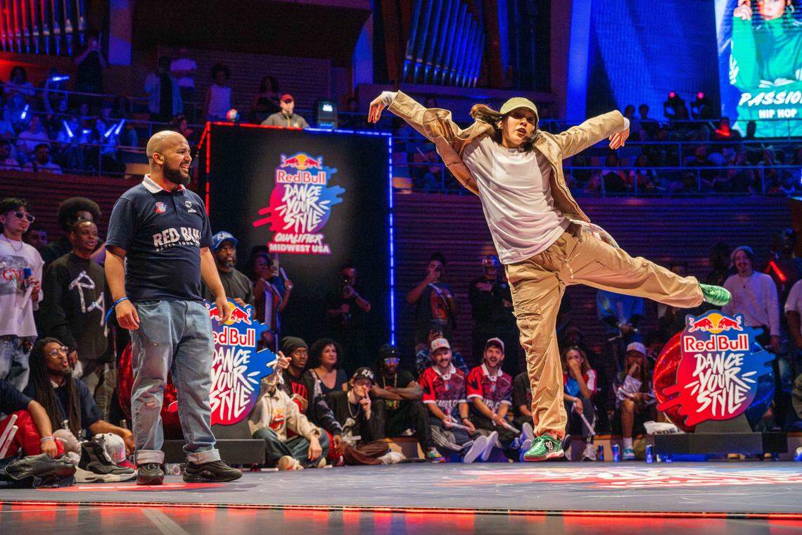 “Passion” jumps in the air in her battle against E Solo, in the quarterfinal of the Red Bull Dance Your Style Midwest Regional Qualifier, on Saturday, April 25, 2026, at the Kauffman Center for the Performing Arts.
