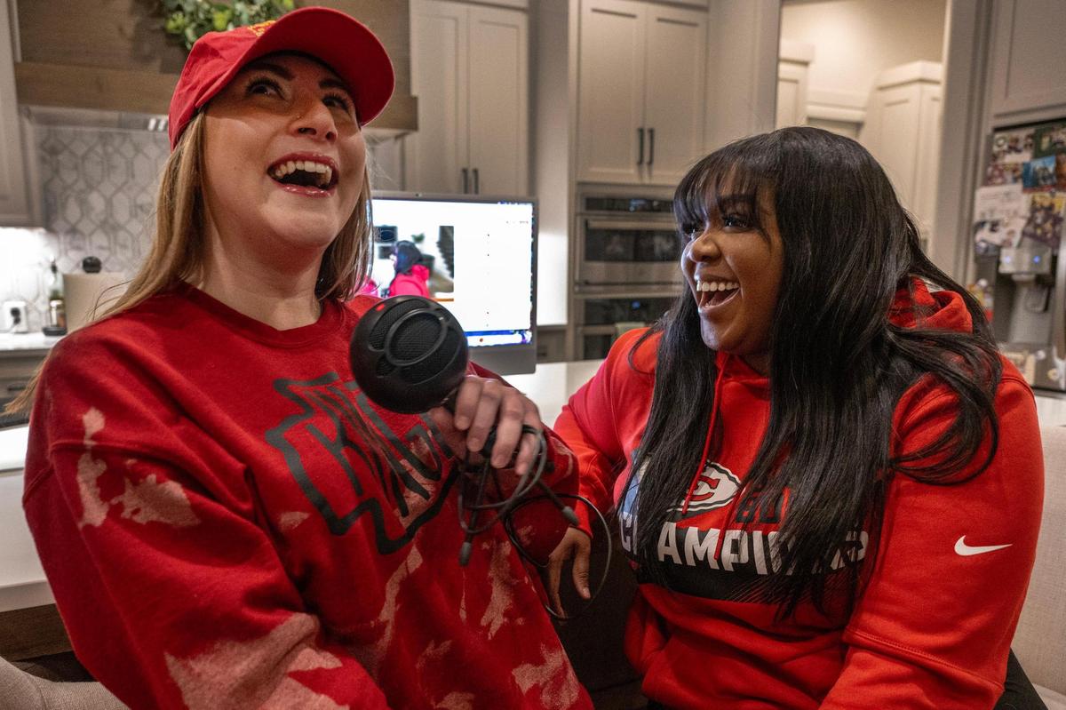 “There is always going to be trolls out there that don’t like your opinion or agree with it. I can’t tell you how many times I have been told to get back in the kitchen but you just have to roll with it, ” said Lexi Osborne, left, seen with Jodi Newsome, co-hosts of The Kingdom’s Queens Podcast as they record recenlty.