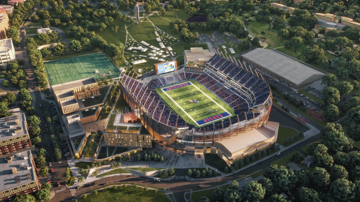 A first look at renderings of David Booth Kansas Memorial Stadium, with renovations expected to be underway in December of 2023 until August of 2025.