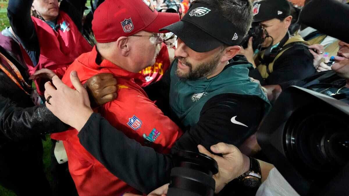 Kansas City Chiefs head coach Andy Reid and Philadelphia Eagles head coach Nick Sirianni greet each other after Super Bowl LVII at State Farm Stadium in 2023.