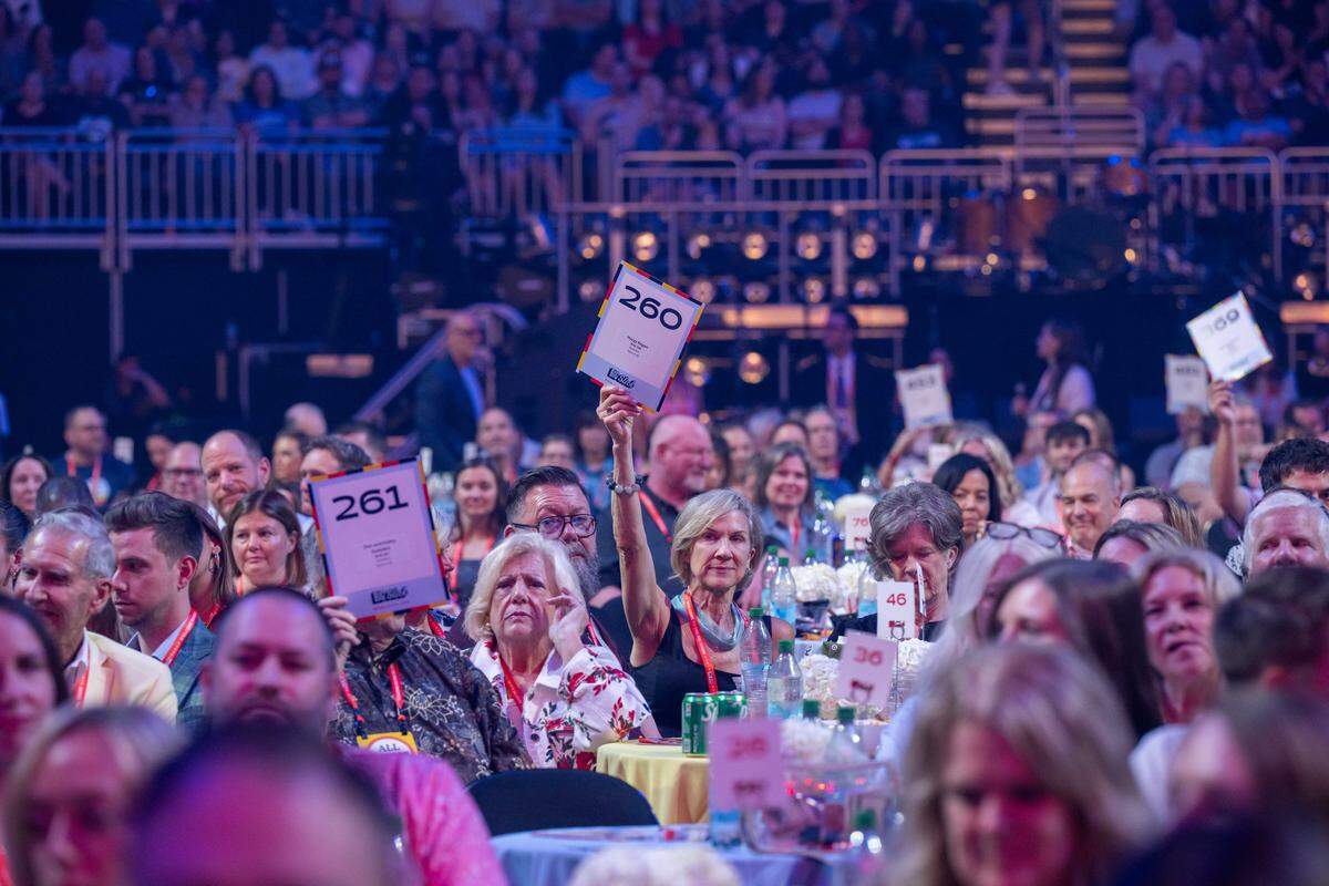 Someone places a bid for a donation at the Big Slick fundraiser on Saturday, May 30, 2026, at T-Mobile Center. The annual fundraiser put on by famous Kansas City celebrities raises money for Children’s Mercy Hospital.