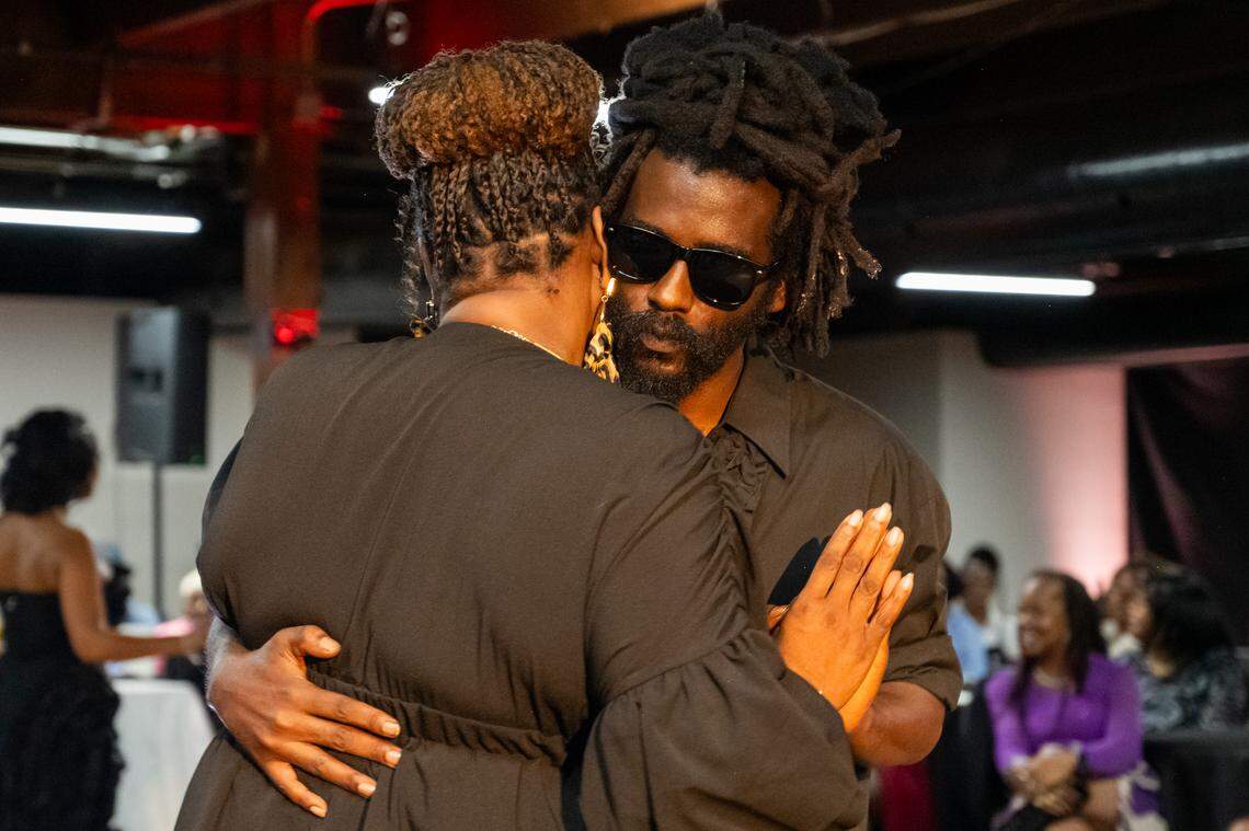 Warren Harvey dances with Reece Hawkins at The Big StepOff 2025, on Oct. 18, 2025, in Kansas City. The pair placed third in the two-step dance competition.