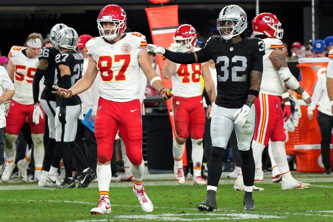 Kansas City Chiefs tight end Travis Kelce (No. 87) gestures at the end of an NFL Week 18 loss to the Raiders at Allegiant Stadium in Las Vegas on Sunday, Jan. 4, 2026.