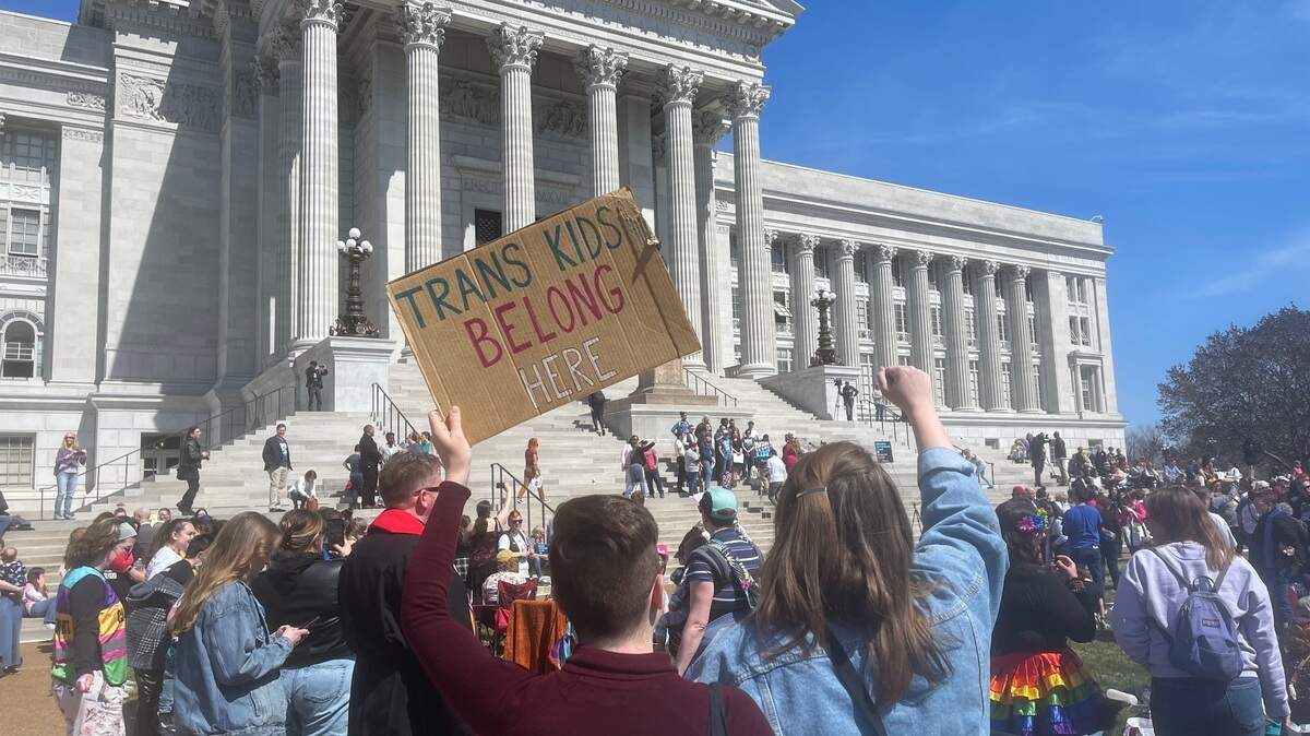 Protesters gathered in Jefferson City to support transgender rights in 2023.