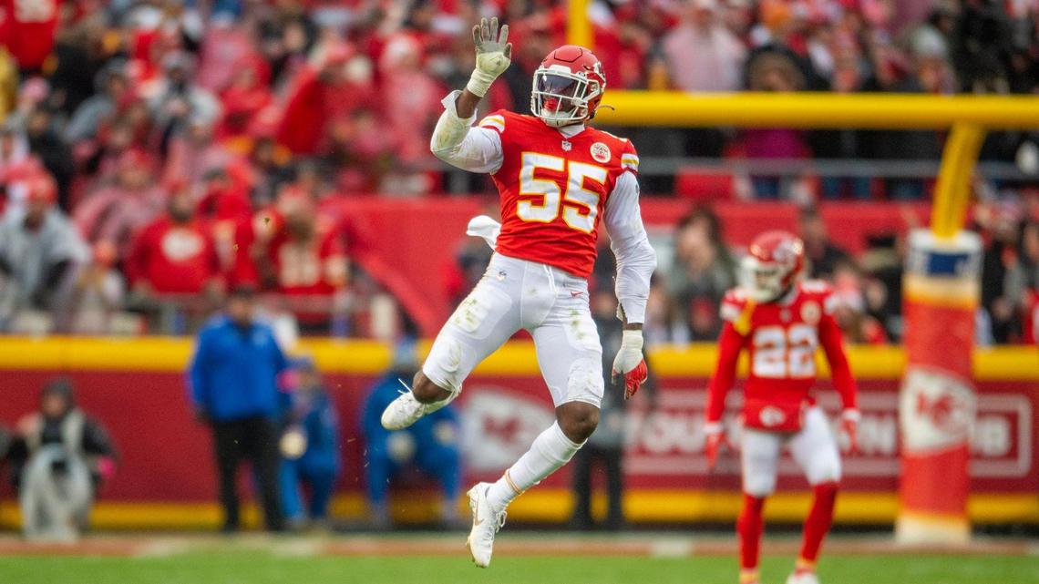 Kansas City Chiefs defensive end Frank Clark celebrates a tackle during the first quarter of a Divisional Round game against the Jacksonville Jaguars at GEHA Field at Arrowhead Stadium on Saturday, Jan. 21, 2023, in Kansas City.