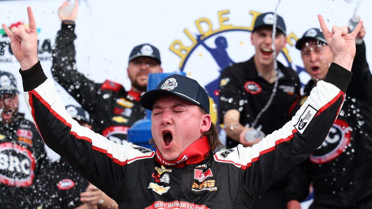 ARCA Menard’s Series driver Brenden Queen celebrates a win at Daytona in February.