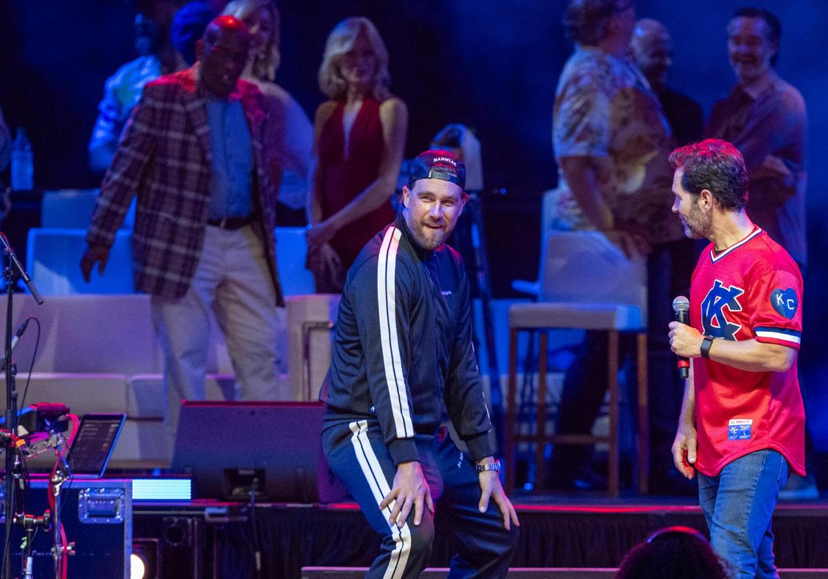 Chiefs tight end Travis Kelce hammed in up on stage with Paul Rudd at the Big Slick Show on Saturday, May 31, 2025, at the T-Mobile Center in Kansas City.