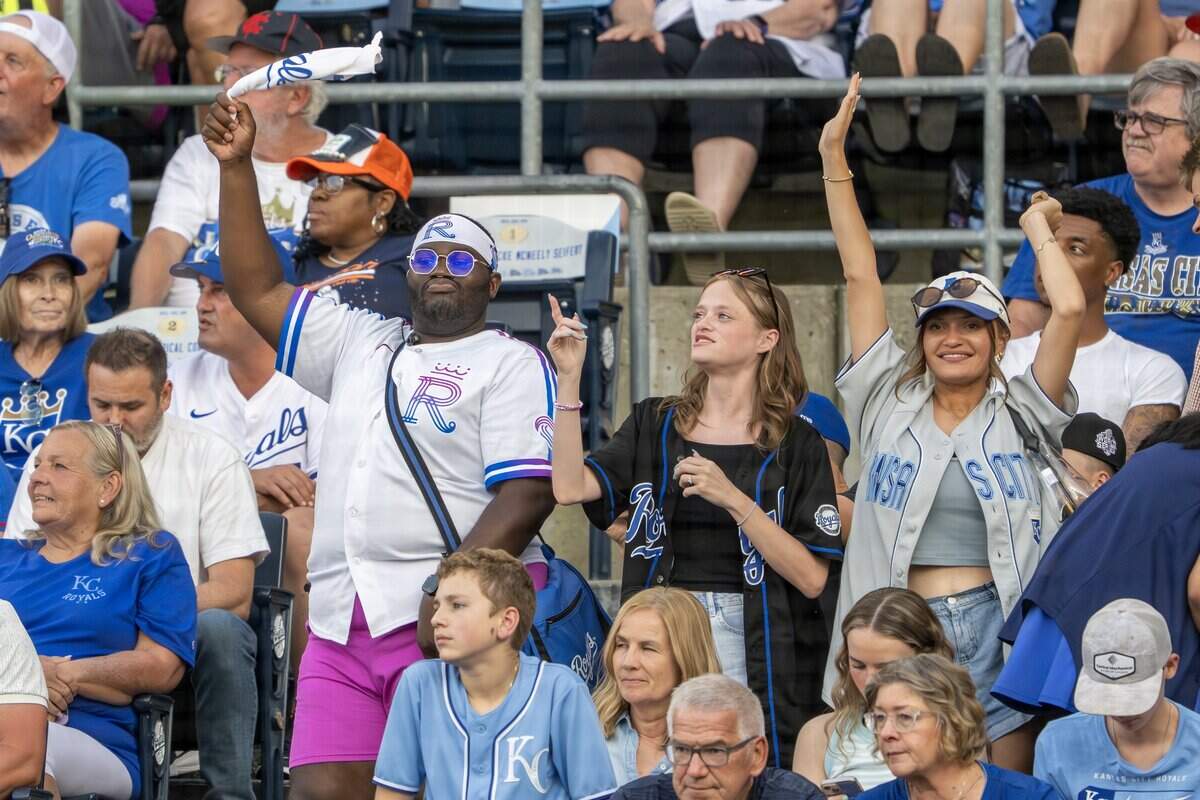 Fans dance between innings during a game between the Kansas City Royals and Houston Astros on Friday, June 12, 2026, at Kauffman Stadium in Kansas City.