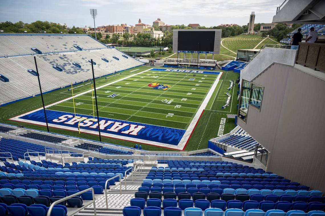 As part of the $450 million renovation project, a restructured seating bowl features seats with seat backs on the north and west side of the stadium at David Booth Kansas Memorial Stadium on Tuesday, Aug. 19, 2025, at the University of Kansas in Lawrence.