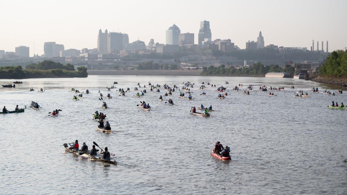Teams competing in the MR340 river race take off down the Missouri River Tuesday starting near Kaw Point.