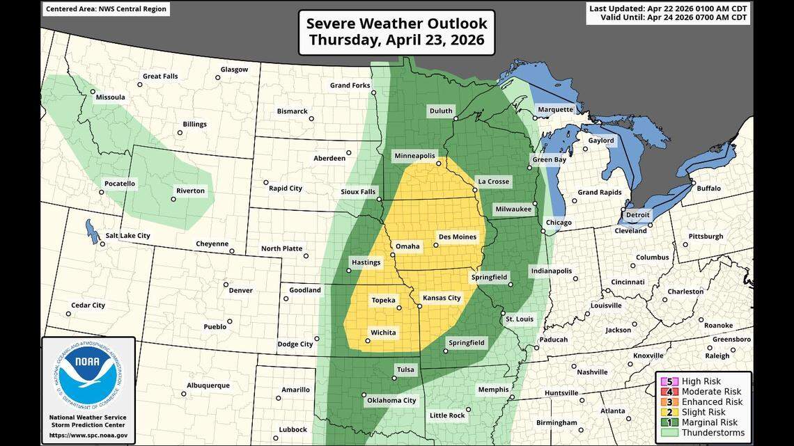 The Storm Prediction Center, a part of the National Weather Service, has placed the Kansas City area in a slight risk, Level 2 of 5, for severe thunderstorms. Damaging winds are expected to be the main hazard. Parts of Kansas, Nebraska, Iowa and Minnesota are also under a slight risk.
