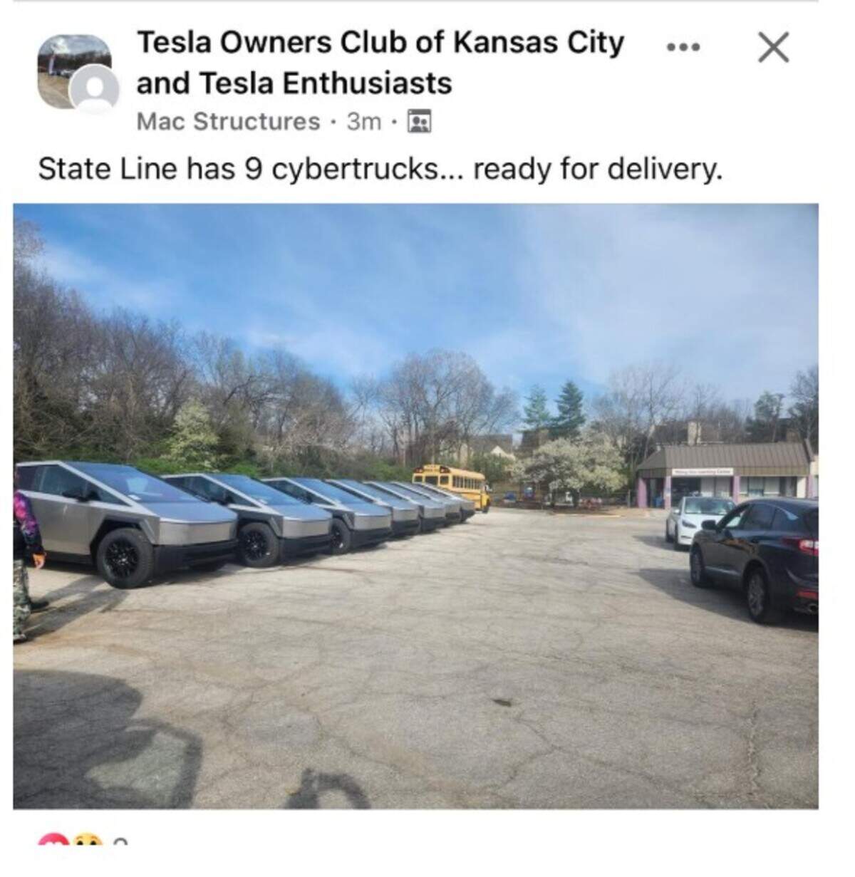 A fan Facebook page alerts Tesla lovers to the arrival of Cybertrucks ready for delivery.