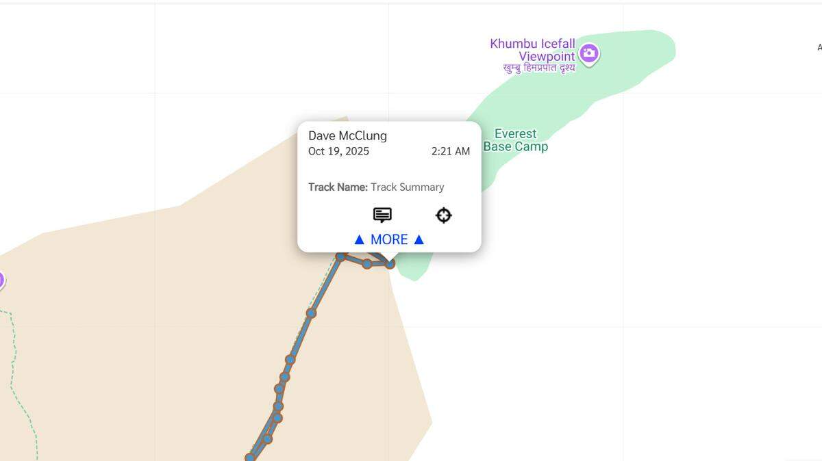 A screenshot from Garmin InReach, a GPS locator that tracked Dave McClurg’s trek to South Base Camp at Mount Everest. The tracker shows McClurg arriving to Base Camp around 2:21 a.m. on Sunday, Oct. 19, 2025.