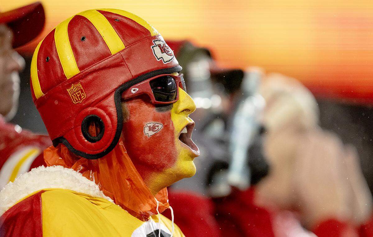 A Kansas City Chiefs fan screams during an NFL football game against the Philadelphia Eagles on Monday, Nov. 20, 2023, at GEHA Field at Arrowhead Stadium in Kansas City.