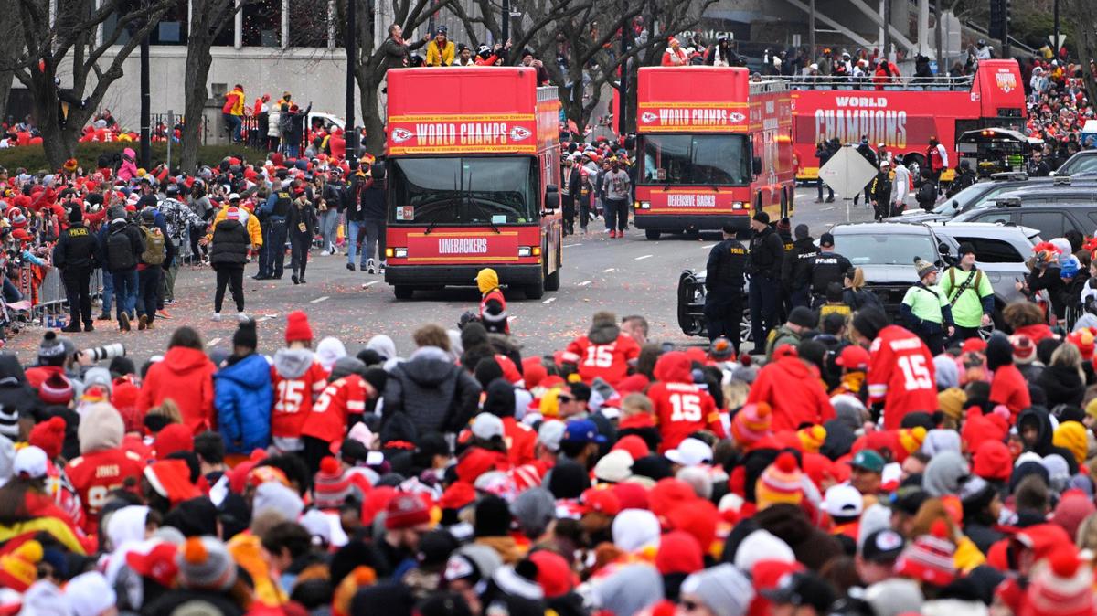 Double-decker buses carried the members of the Kansas City Chiefs on their Super Bowl LVII victory parade on Wednesday, Feb. 15, 2023, in Kansas City.