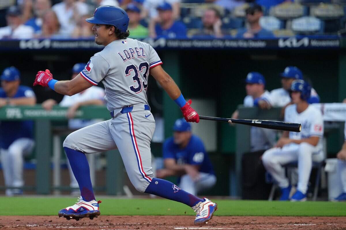 KANSAS CITY, MISSOURI - JUNE 10: Nicky Lopez #33 of the Texas Rangers hits an RBI single against the Kansas City Royals in the fourth inning at Kauffman Stadium on June 10, 2026 in Kansas City, Missouri. (Photo by Ed Zurga/Getty Images)