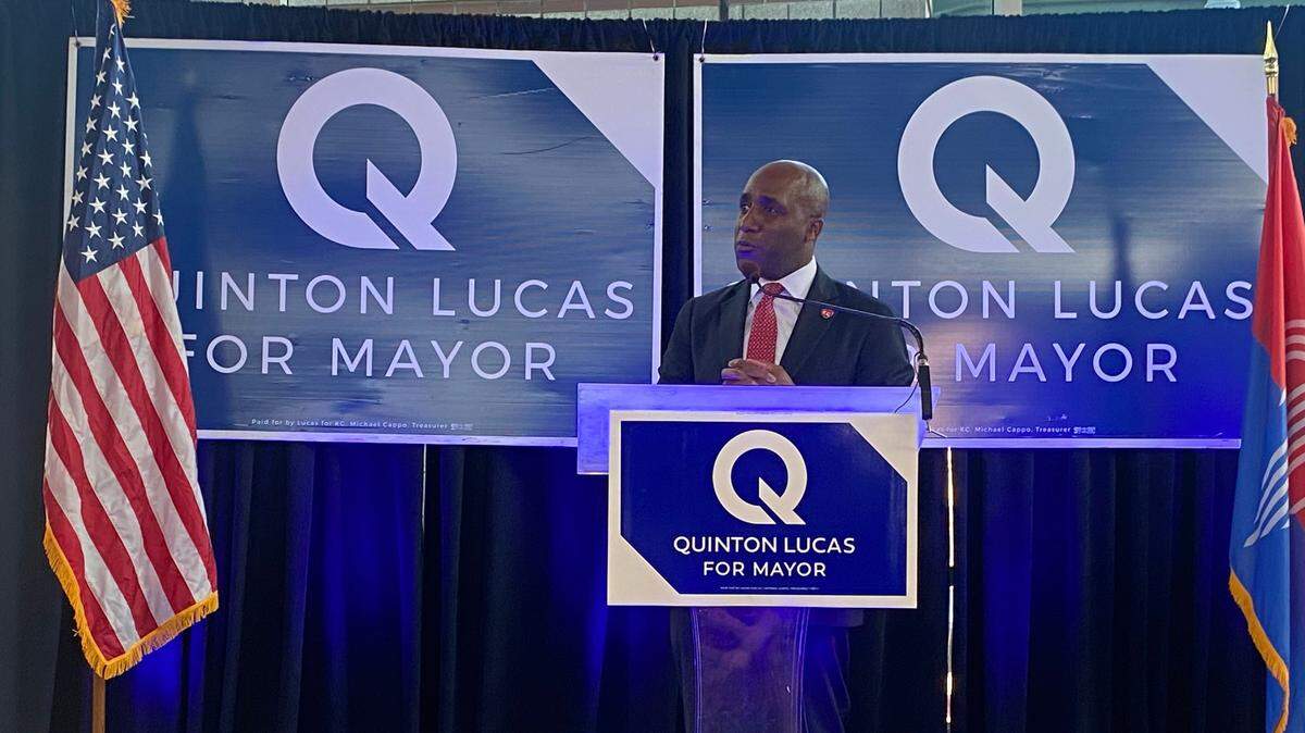 Mayor Quinton Lucas spoke at his election watch party Tuesday night at the American Jazz Museum.