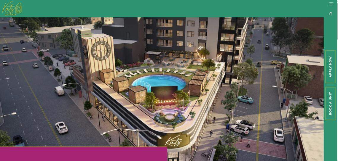 Aerial artist’s rendering of the rooftop pool, a part of the project yet to be completed, at the Katz on Main apartment complex at Main Street and Westport Road.