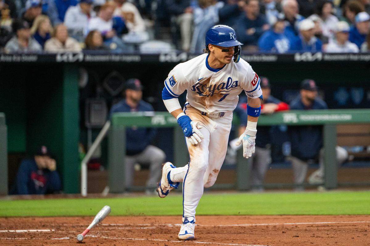 Kansas City Royals shortstop Bobby Witt Jr. runs toward first on a ground ball against the Boston Red Sox on Tuesday, May 19, 2026, at Kauffman Stadium.