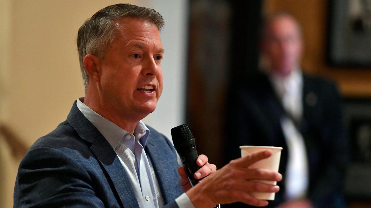 Kansas Sen. Roger Marshall spoke at a town hall meeting in 2021 at the National Agricultural Center and Hall of Fame in Wyandotte County.