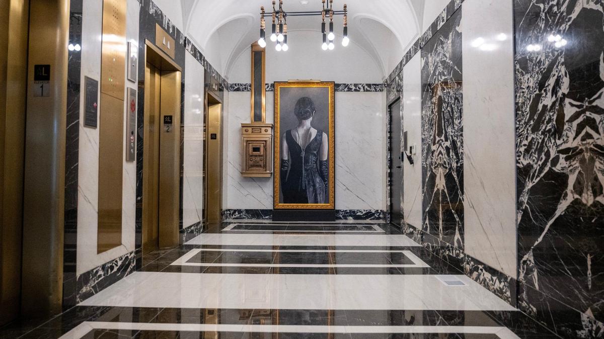 Marble walls adorn the elevator lobby at the Midland Lofts on Thursday, Sept. 5, 2024, in Kansas City.