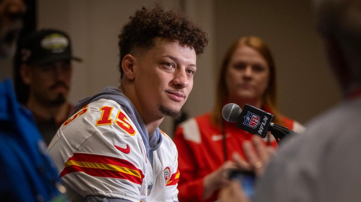 Kansas City Chiefs quarterback Patrick Mahomes responds to questions during the media availability for the team on Thursday, Feb. 6, 2025, ahead of Super Bowl LIX on Sunday in New Orleans.