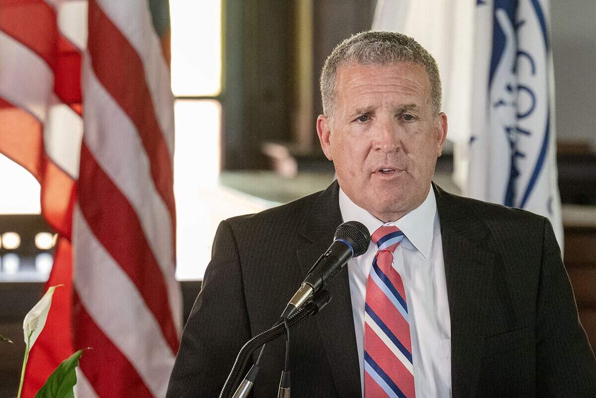 After being sworn in as interim Jackson County Executive by Phil LeVota addresses the crowd on hand at the Historic Truman Courthouse in Independence on Thursday, October 16, 2025. He replaces Frank White, who was removed by voters in a recall election.