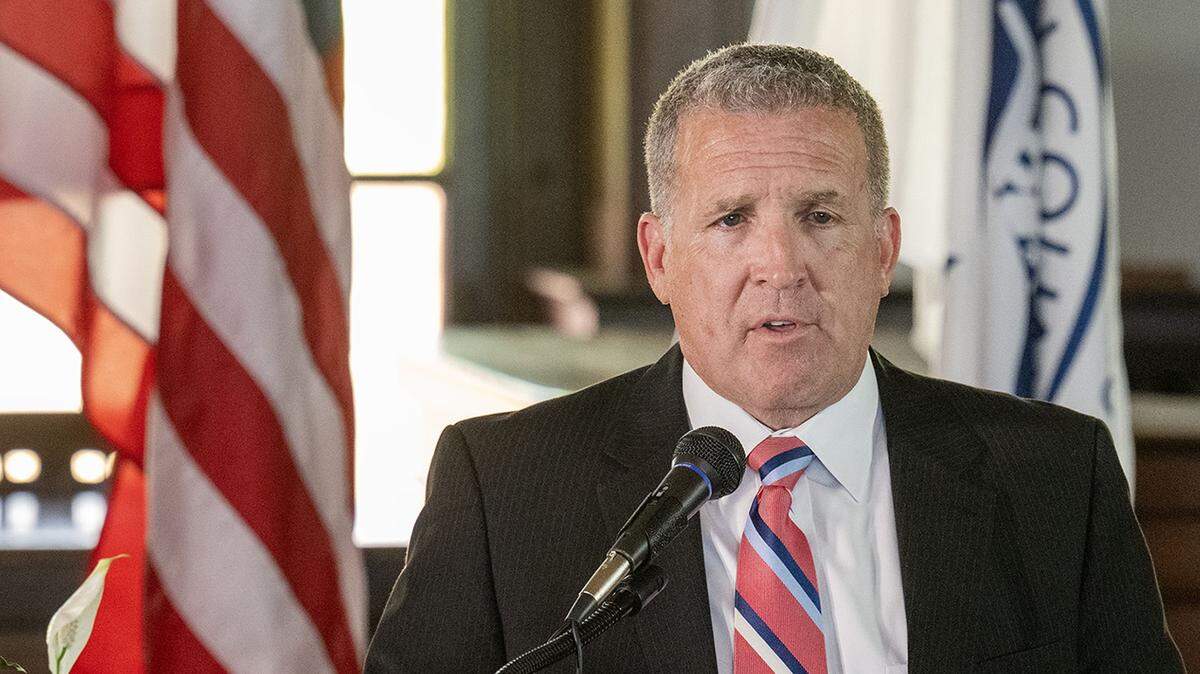 After being sworn in as interim Jackson County Executive by Phil LeVota addresses the crowd on hand at the Historic Truman Courthouse in Independence on Thursday, October 16, 2025. He replaces Frank White, who was removed by voters in a recall election.