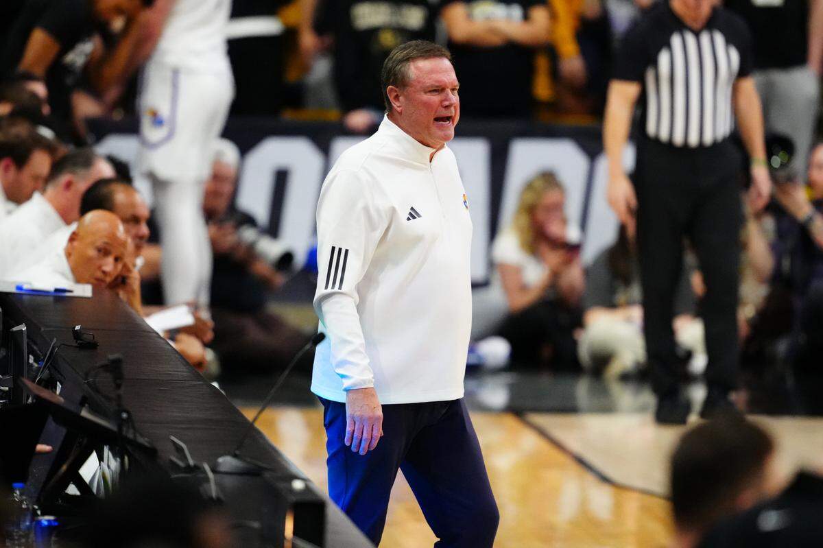 Kansas Jayhawks head coach Bill Self reacts in the first half against the Colorado Buffaloes at the CU Events Center on Feb. 24, 2025.
