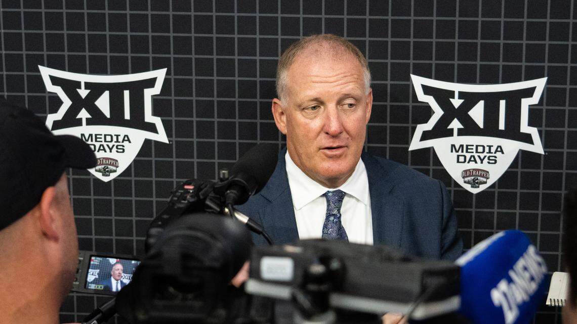 Kansas State head coach Chris Klieman answers questions after his press conference on the second day of Big 12 Media Days in AT&T Stadium in Arlington, Texas, July 13, 2023.