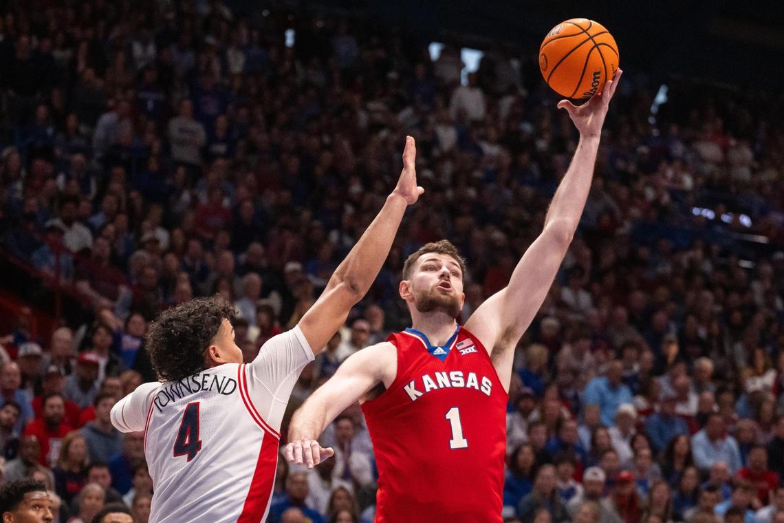Kansas Jayhawks center Hunter Dickinson jumps for a rebound in the second half of the game vs. the Arizona Wildcats on Saturday, March 8, 2025, at Allen Fieldhouse. Dickinson tied his career high with 33 points on Senior Night.