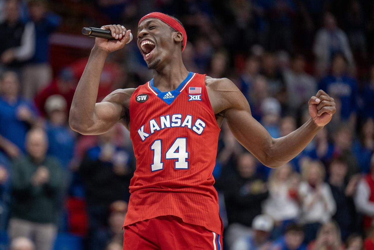 Kansas Jayhawks guard Melvin Council Jr. (14) gives his speech on Senior Day after Kansas defeated Kansas State, 104-85, at Allen Fieldhouse on Saturday, March 7, 2026, in Lawrence, Kansas.