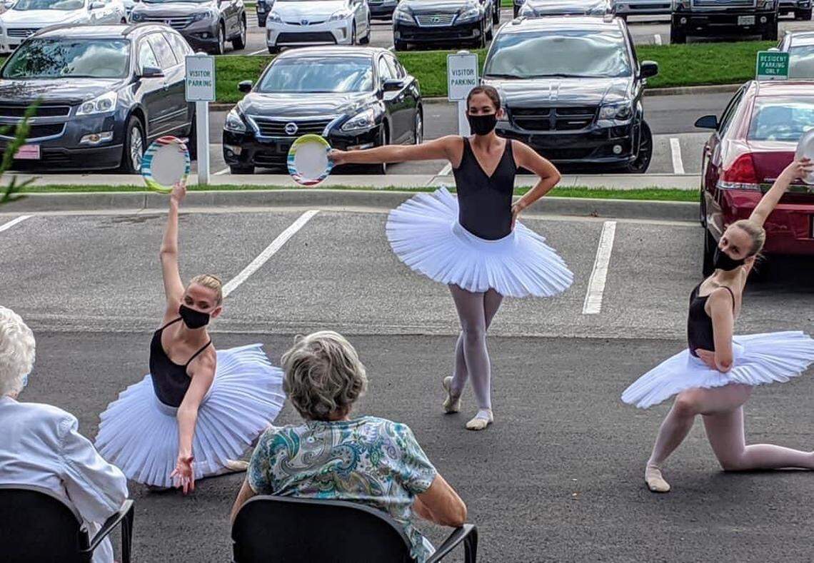 Crescendo Conservatory dancers, from left, Abbey Griffin, Elizabeth Stoeck and McKenna Bizal performed for residents of Silvercrest at Deer Creek Senior Living in Overland Park earlier this fall. “Art connects us and is vital to the human experience,” said Christina Valdez, owner and artistic director of the dance studio.