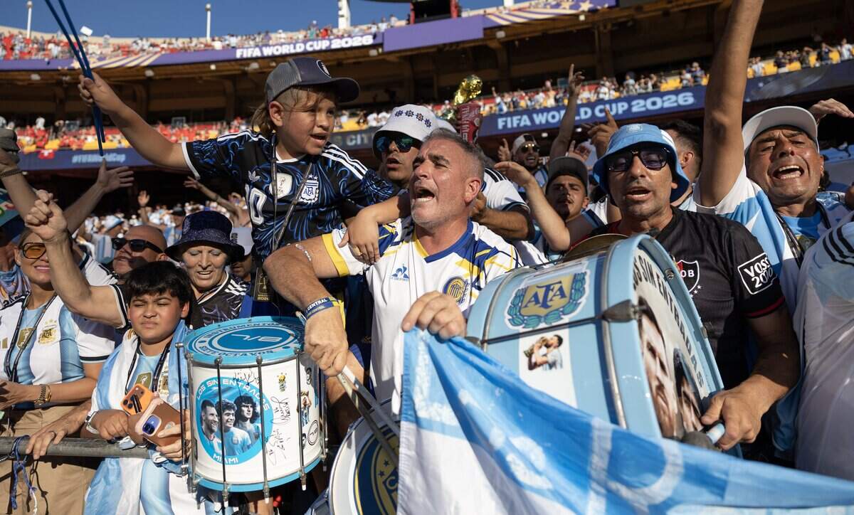 Argentina fans cheer on their team before their FIFA World Cup quarterfinal match against Switzerland at Kansas City (Arrowhead) Stadium in Kansas City on Saturday, July 11, 2026.