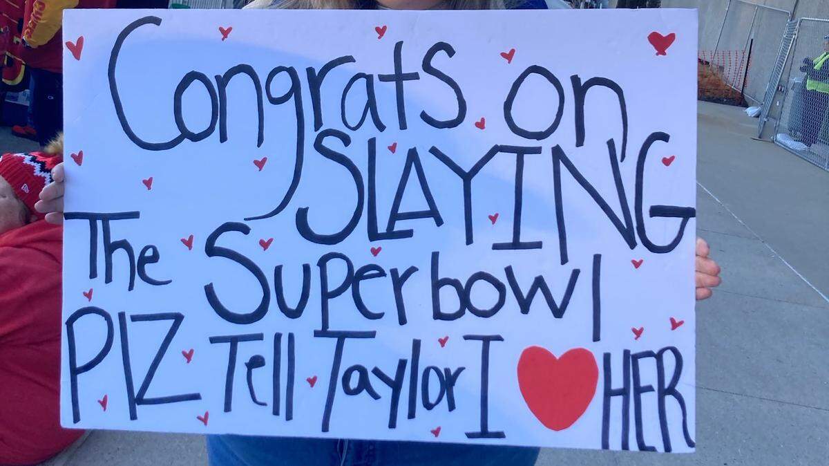 Britney Quintrell, 26, of Kansas City, who has been to all three Chiefs parades, wanted to shower love on both the Chiefs and superstar Taylor Swift, who she assumed wouldn’t attend. Still: “I want Travis to tell her people here love her…or that I love her,” Quintrell said.
