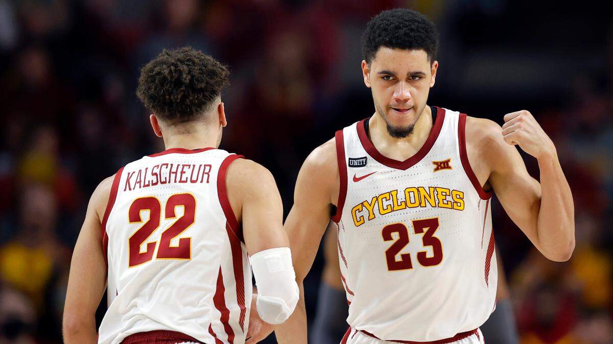Iowa State guard Tristan Enaruna (23) flexes after making a layup during the second half of an NCAA college basketball game against Baylor, Saturday, Jan. 1, 2022, in Ames. Baylor won 77-72. (AP Photo/Matthew Putney)