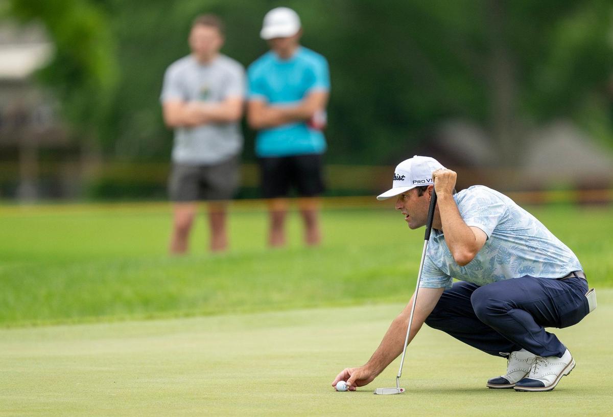 Robert Streb of Shawnee, lines up a putt in the first round of the AdventHealth Championship on Thursday, May 16, 2024, at Blue Hills Country Club in Kansas City.