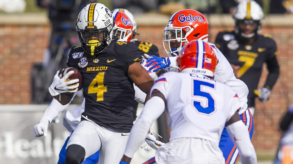 Missouri Tigers wide receiver Jonathan Nance (4) gazes at Florida Gators defensive back Kaiir Elam (5) as he attempts to maneuver past him during the game between the Missouri Tigers and the Florida Gators on Saturday, November 16, 2019 at Memorial Stadium in Columbia, MO. Nick Tre. Smith/Special to the Star