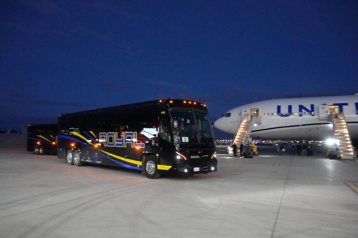 Feb 4, 2024; Las Vegas, NV, USA; Kansas City Chiefs buses depart the Harry Reid International Airport.
