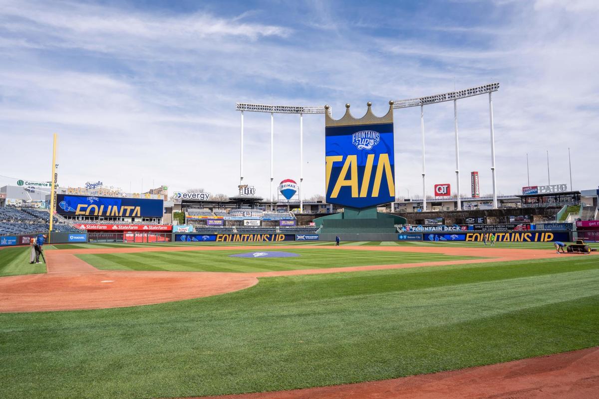 Kansas City Royals grounds crew workers tend to the field at Kauffman Stadium on Tuesday, March 25, 2025. Crews worked throughout the day to prepare for Opening Day for the Kansas City Royals.