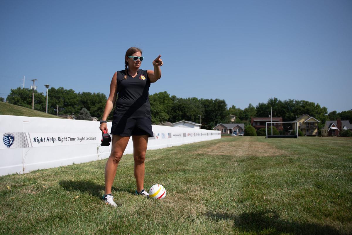 Leah Enright, Kansas State School for the Blind’s blind sports coordinator, discusses her hopes for forming a blind soccer team at KSSB’s blind soccer field on Thursday, August 1, 2024, in Kansas City, Kansas