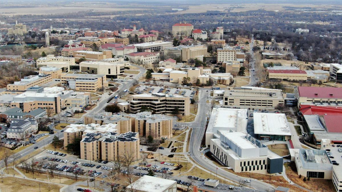 The University of Kansas campus in Lawrence is seen with a view to the northeast. 